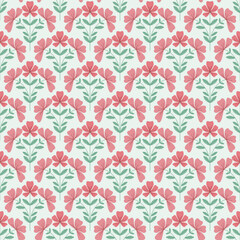 Fototapeta premium Scandinavian Seamless Floral Pattern with Pink Flowers and Green Leaves for Fabric and Wallpaper