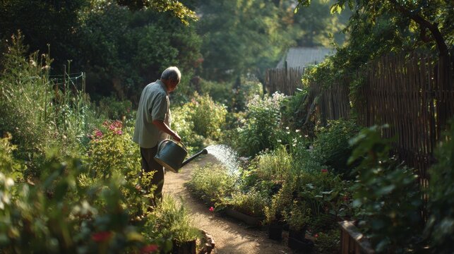 Gentle outdoor gardening moment: senior man tending plants with watering can