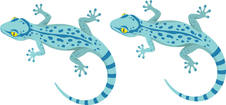 Blue Gecko Lizard Reptile Character Collection with Tropical Wildlife Cartoon Animal Flat Vector Illustration Set