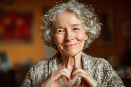 Gentle portrait of an older woman making a heart gesture to express affection