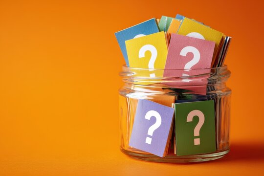 Glass jar filled with vibrant question-mark cards against a warm orange backdrop, designed for copy space