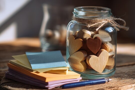 Glass jar filled with wooden heart decorations, tied with ribbon, beside a stack of colored papers and a blue pen