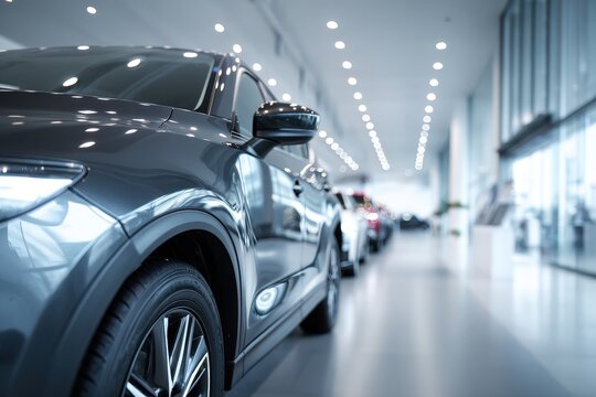 Gleaming new car on showroom floor with soft background blur