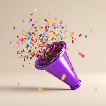 Glossy Purple Emoji Party Popper with Confetti Burst in a Playful 3D Illustration