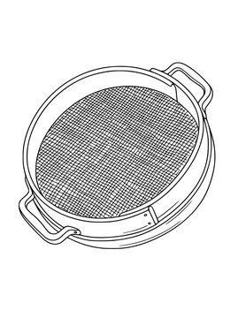 Line art illustration of a circular kitchen sieve with handles