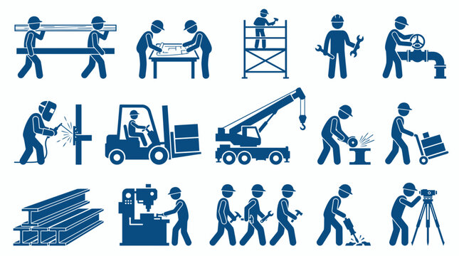 Construction worker and industrial laborer icons set showing various activities like welding operating crane and surveying, illustrating professional workforce services and project management