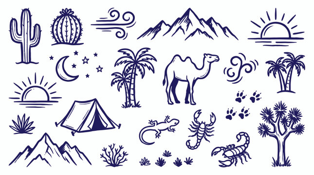 Hand drawn desert adventure doodle collection featuring cactus, camel, scorpions, mountains and camping tent icons, Symbolizing outdoor exploration and illustrating wilderness travel