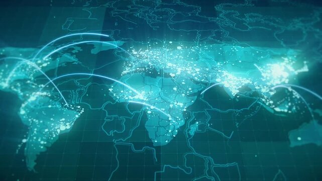 Global data network connection on world map background, 4k digital technology loop
