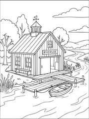 Fototapeta premium Riverside Boathouse with Dock and Boat Coloring Page for Kids