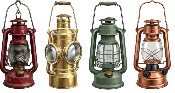 Vintage Kerosene Lantern and Oil Lamp Vector Illustration Set Featuring Antique Red Brass Bronze and Green Metal Camping Light Equipment Designs
