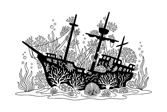 Sunken Shipwreck with Coral Reef Underwater Silhouette Illustration