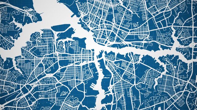 Ink reveal animation of Chesapeake city, Virginia (VA), United States of America, grid map. Aerial top view. Blueprint style. White lines with blue background. 4K Seamless loop.