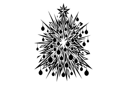 Black and white Christmas snowflake design with ornaments and star on white background for holiday and literacy day themes