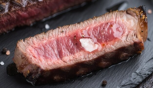 Top-down macro shot of a juicy medium-rare beef steak slice with sea salt flake melting on pink meat texture on a black slate board, shallow depth of field, professional food photography.