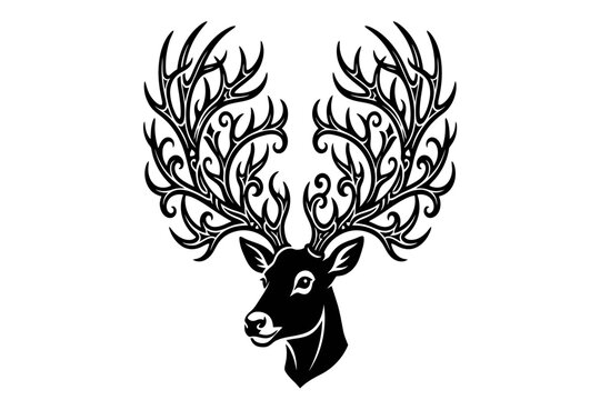 Black and white illustration of a deer's head with large antlers on white background for Christmas or literacy day