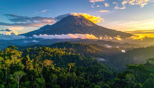 Misty rainforest slopes lead to a majestic volcano at sunrise.