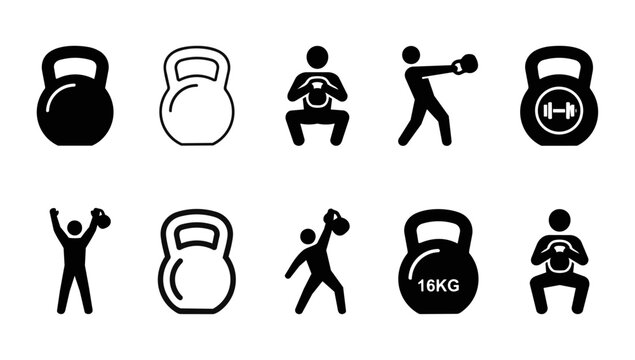 Set of kettlebell training icons showing various weightlifting exercises and fitness poses for workout routines with kettlebell exercise training