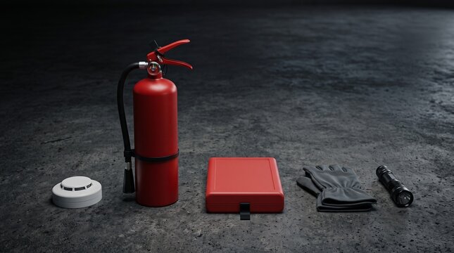 Fire safety equipment on concrete floor. Emergency tools for fire protection and prevention.