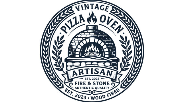 Vintage artisan pizza oven logo design with wood fired emblem.