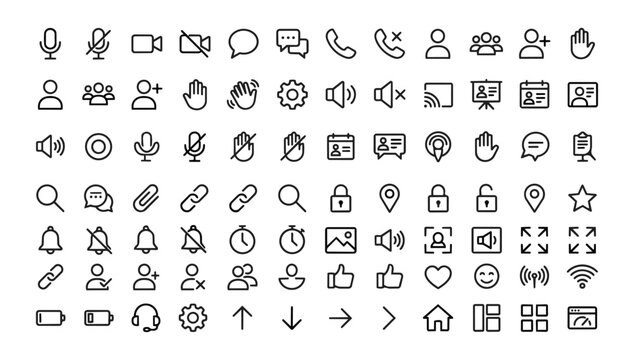 Collection of simple line art interface and social interaction icons with interface communication connection settings minimalist technology