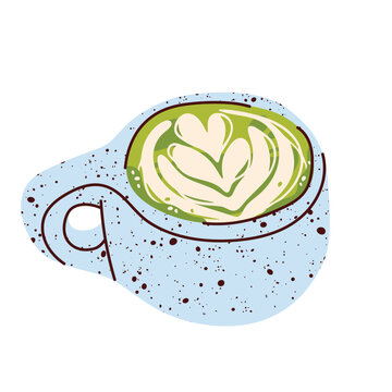 Hand drawn matcha latte cup isolated on white background. Cute flat vector illustration of creamy Japanese green tea drink for cafe menu, coffee shop and cozy beverage designs.