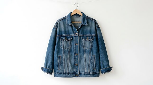 Blue denim jacket with leather patches on wooden hanger.