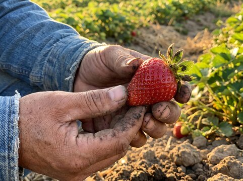 Farmer dirty hands holding fresh strawberry representing cyclosporiasis contamination risk