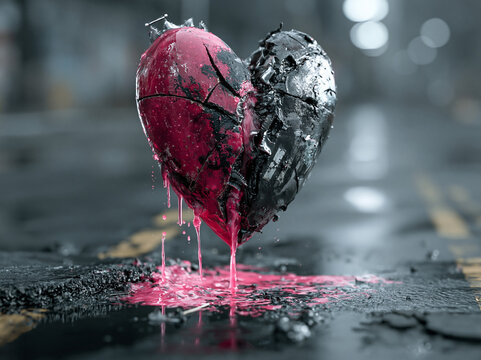 A black heart is floating over the street with pink liquid color around the heart , sad mood.
