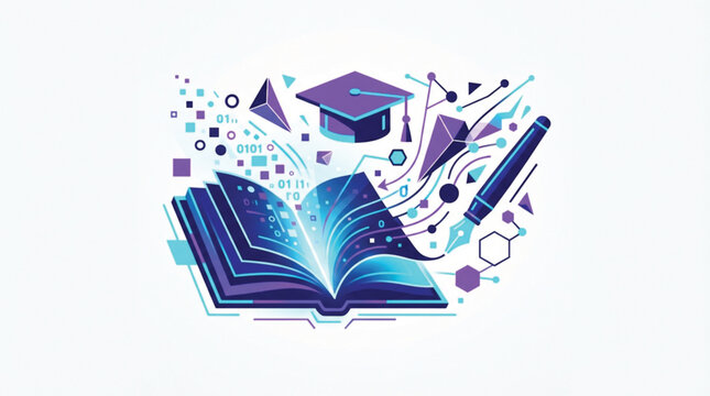 Modern digital publishing vector design with vibrant indigo blue open book and corporate education icons