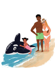  A family is enjoying a sunny day at the beach while their young daughter rides a large inflatable orca in the shallow ocean water