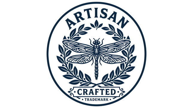 Vintage style logo design with a dragonfly and laurel wreath.