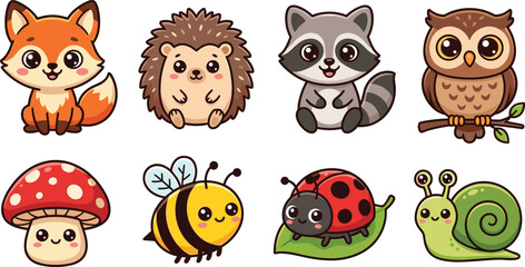 Obraz premium Cute Kawaii Woodland Animal Set with Fox Hedgehog Raccoon Owl Mushroom Bee Ladybug Snail Vector Cartoon Illustration