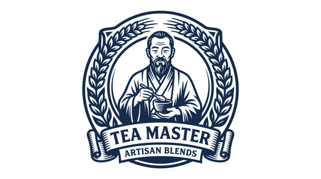 Vintage tea master emblem with traditional monk illustration.