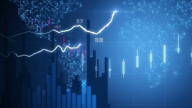 Stock Market Financial Graph with World Map Background, Global Business Forex Trading Candlestick Chart, Abstract Economic Data Growth Motion Graphic