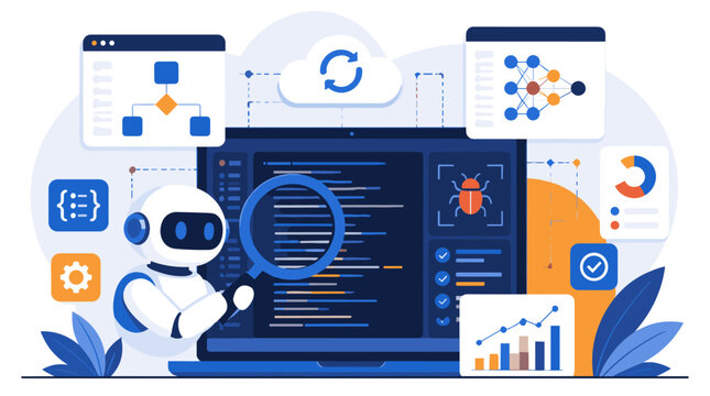 Futuristic coding robot working on cyber security software.