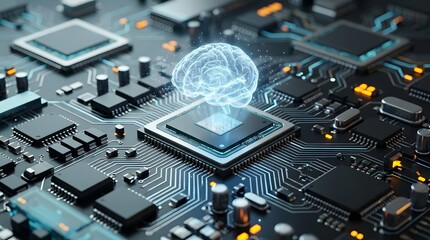 Fototapeta premium Glowing holographic brain hovering above central processor unit on motherboard representing artificial intelligence machine learning and neural networks