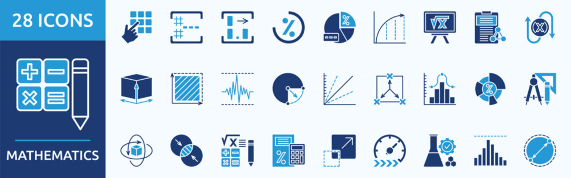  mathematics - Icon Collection. Thin glyph blue Set contains such Icons as digit, integer, decimal, percentage
 and more. Simple web icons set
