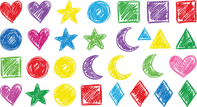 Colorful hand drawn crayon shapes set with heart, star, circle, square, moon, triangle, and diamond scribble vector illustration collection