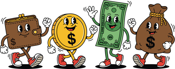 Funny cartoon money characters set with wallet, coin, dollar bill, and money bag walking, retro style finance vector illustration © MST