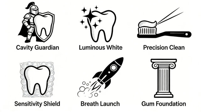 Knight Teeth Whitening and Teeth Cleaning Simple Line Icon Combination Display, representing the concepts of anti cavity teeth fixation, brightening teeth, and fine cleaning and care.
