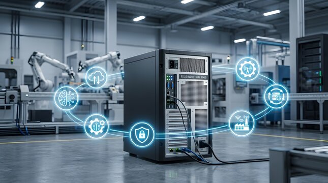 Edge computing industrial server in smart factory surrounded by glowing icons representing IoT cloud data security and artificial intelligence automated manufacturing