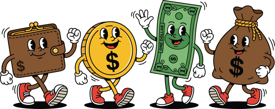 Funny cartoon money characters set with wallet, coin, dollar bill, and money bag walking, retro style finance vector illustration