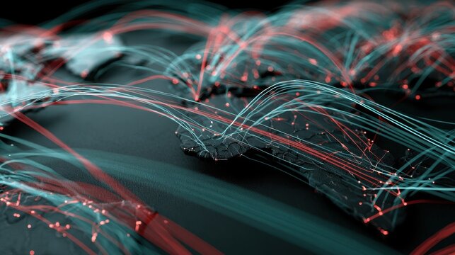 Black fabric network map with fibre optic threads and encrypt