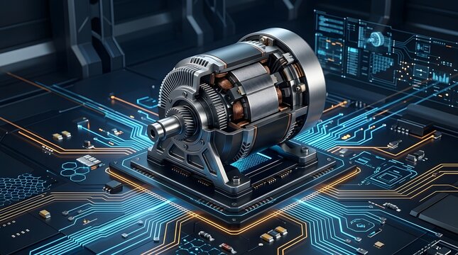 Futuristic electric motor cutaway revealing internal copper windings mounted on high tech circuit board representing advanced industrial engineering and smart mechanical design