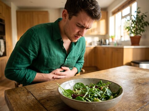Man experiencing cyclosporiasis food poisoning symptoms next to a salad bowl