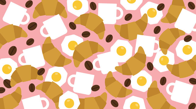 A vibrant pattern showcases coffee cups, croissants, and fried eggs on a pink background with coffee beans scattered around.