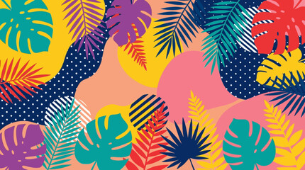 Fototapeta premium Vibrant tropical leaves in various colors and patterns create a lively illustration.