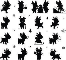 Obraz premium Cute Christmas Reindeer Winter Activity Silhouette Collection Featuring Holiday Deer Sledding Snowman Coffee Ice Skating Black Vector Illustration Set