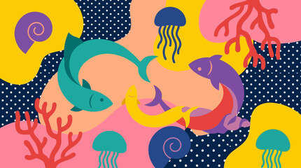 Vibrant illustration of a colorful underwater scene with fish, jellyfish, and coral reefs. © Fendi