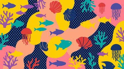 Vibrant ocean scene with fish, coral, seaweed, and jellyfish swimming together underwater. © Fendi